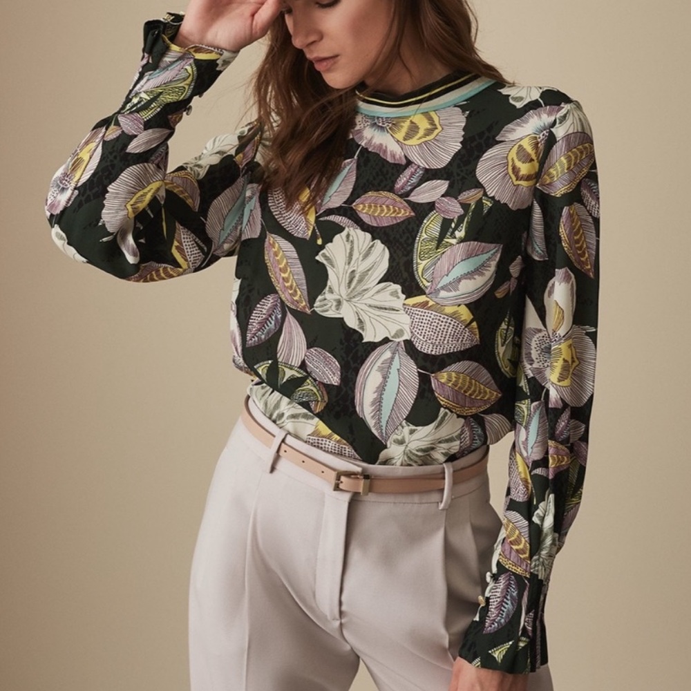 Reiss Black Floral Print Long-Sleeve Blouse with Pastel Accents